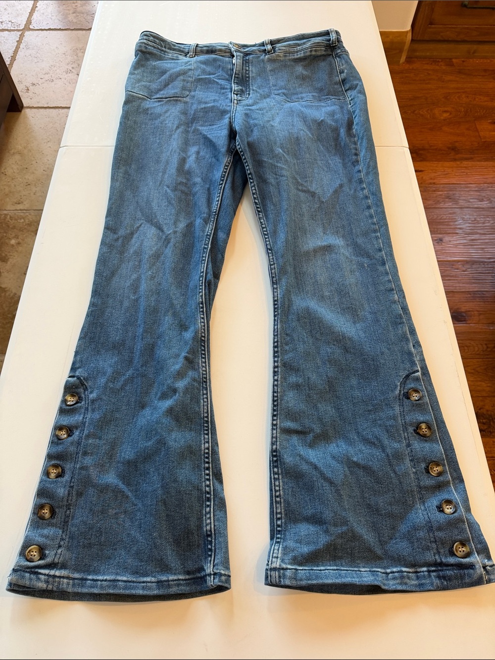 Pilcro Women's Mid-Blue Flare Jeans with Side Buttons